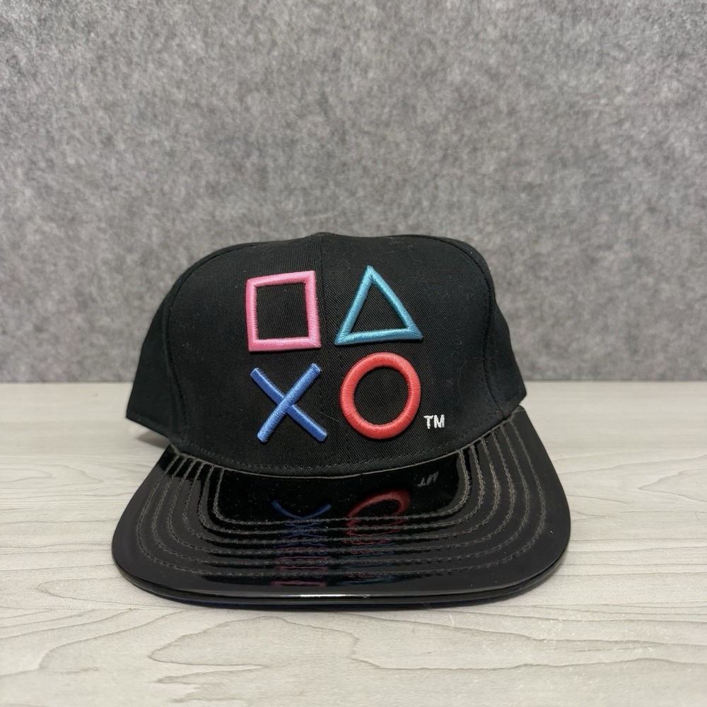 Bioworld PlayStation Snapback Hat Mens OSFM Black Gamer Faux Leather Flat Brim